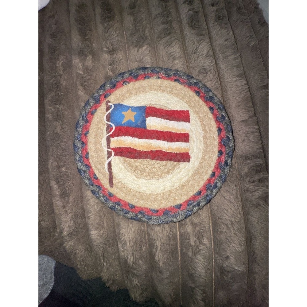 Earth Rugs Primitive Star Flag Braided Jute Round Trivet Patriotic Flag Decor